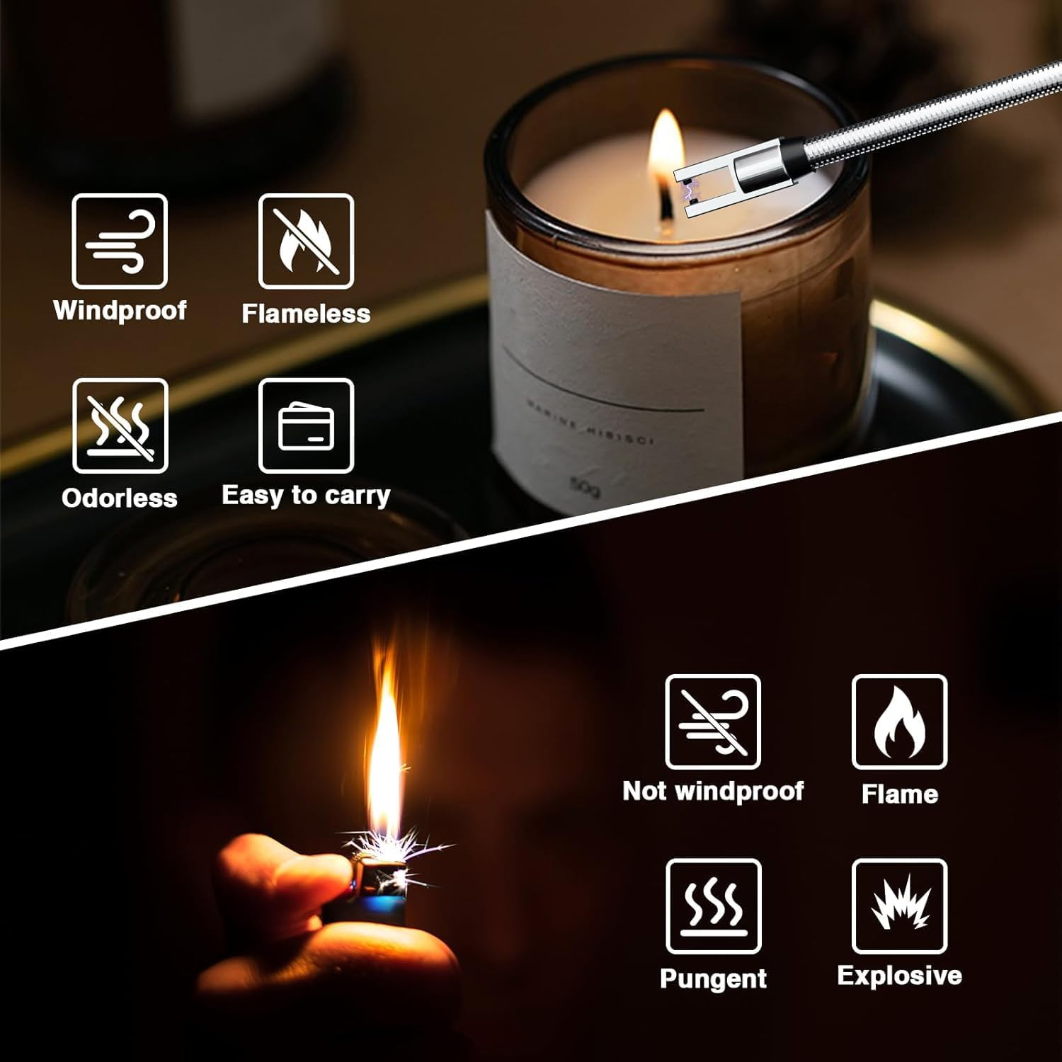 Electric Candle Lighter USB Rechargeable Long Neck Lighter Flex Flame Arc Windproof Plasma Suprus Flame for Grill Fireplace Long Matches Pack Bic Lighter for Candles Cool Lighters Clipper Black image number 3