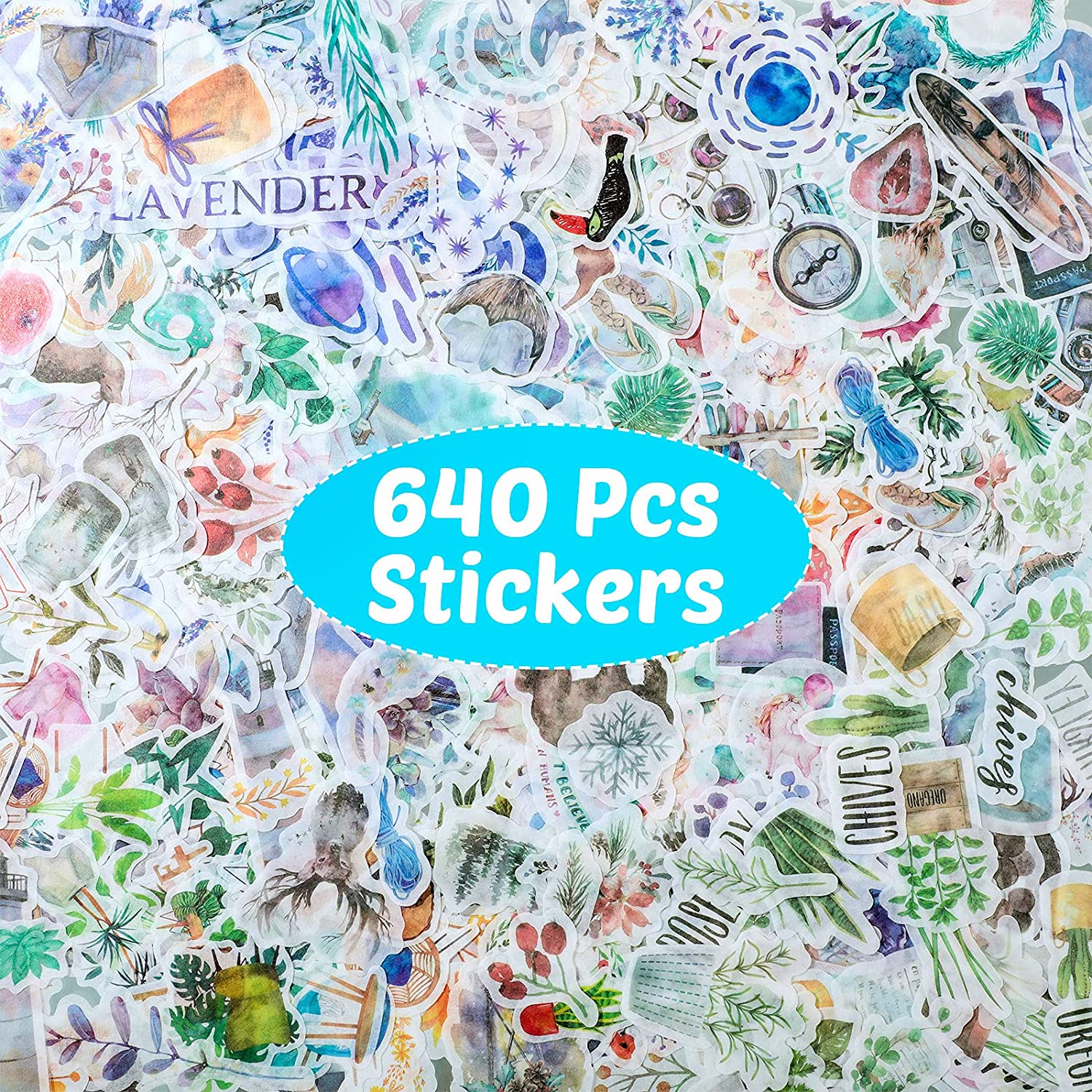 Outus 640 Pieces Watercolor Various Theme Stickers Pretty Scrapbook Stickers Including Four Seasons Forest Flower Animal the Sea for DIY Scrapbook Planners Calendars Travel Case Laptop (Warm Style) image number 4