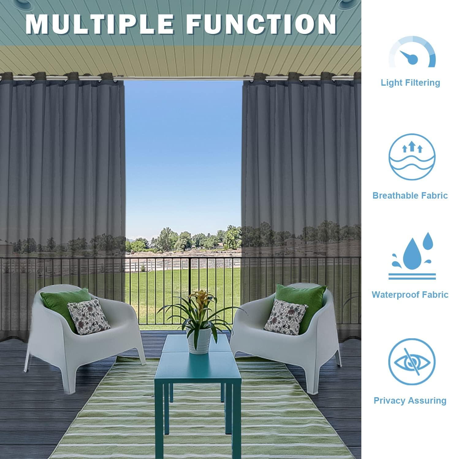 ABCCANOPY Outdoor Patio Sheer Curtains, Breathable Voile Drapes with Grommets for Gazebo, Porch, Pergola, Cabana, Black, 1 Piece, W54 X L84 Inch image number 5