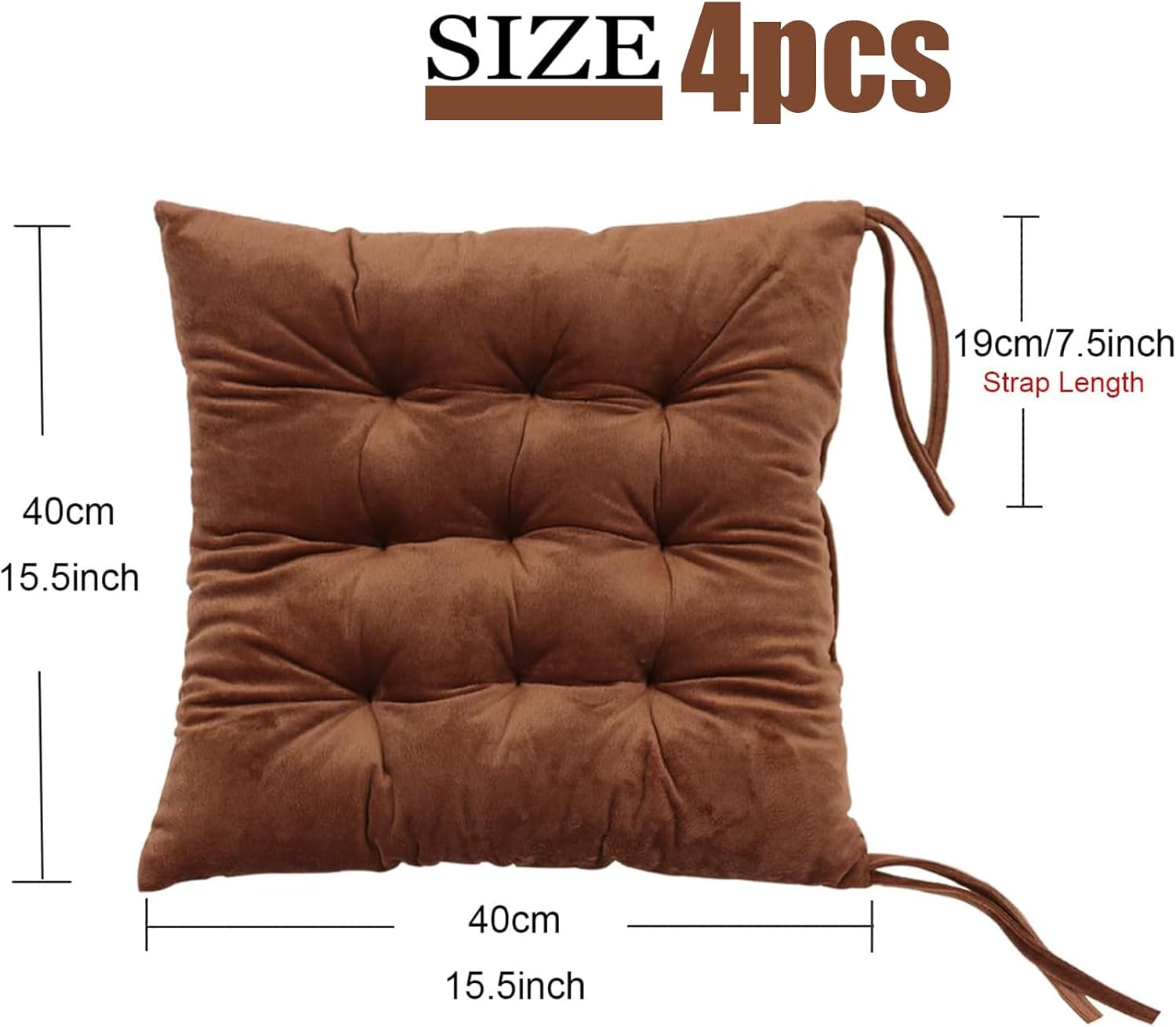 4 Pack Square Seat Cushion Chair Pads for Kitchen Dining Chairs, Soft Comfort Velvet Chair Mat Pillow Cushions with Ties for Office Desk Living Room Tatami 15.5" (Brown) image number 5