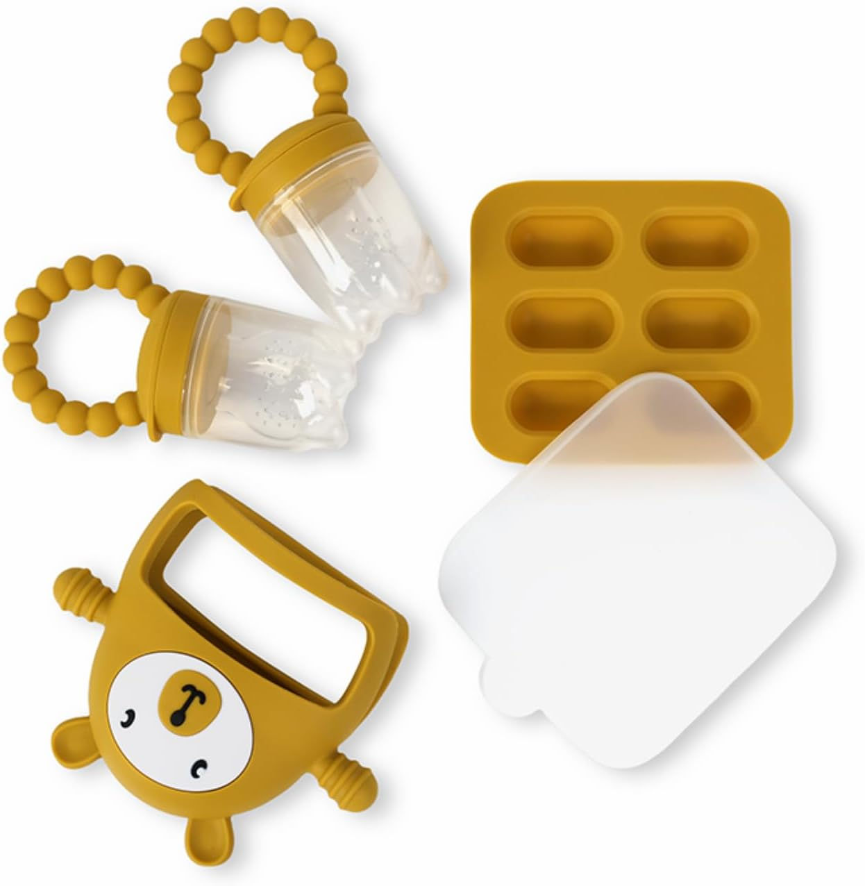 Baby Silicone Teething Mitten Set, 4-Pack with Food Feeder and Freezer Tray, BPA Free, Pink/Blue/Yellow (Bl)