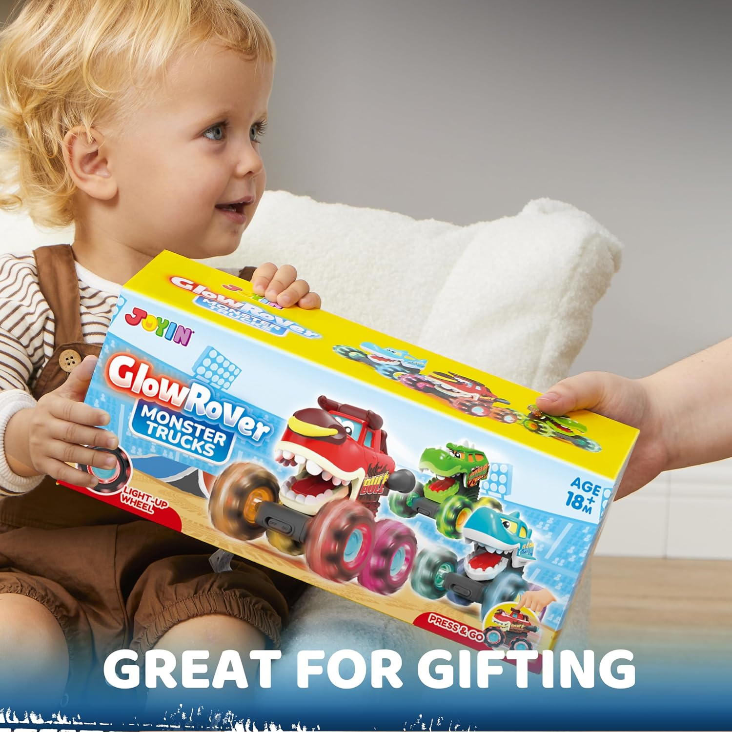 JOYIN 3 Pack Monster Truck Toy - Motion Activated Light-Up Cars for Toddlers - Monster Treads Lightning Wheels - Baby Toy Present - Press & Go Cars for Boys Girls image number 1