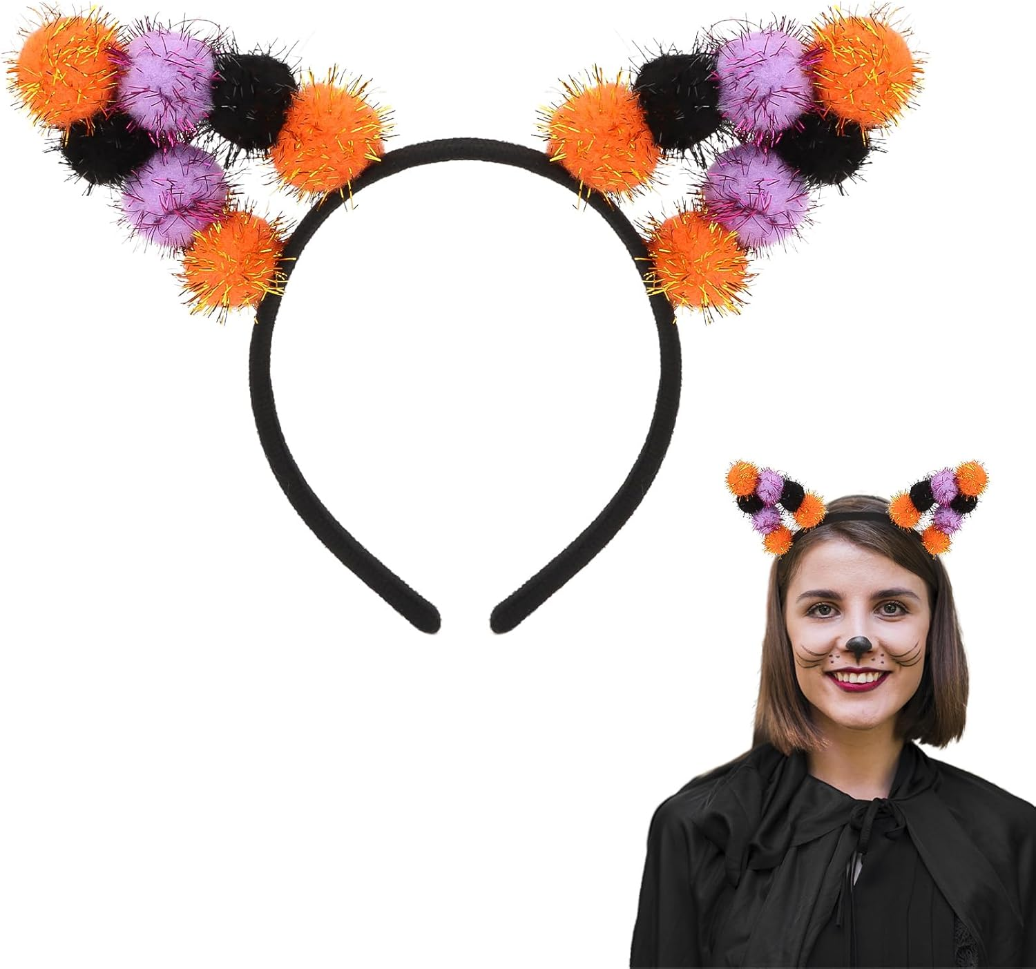 KIUEZIR Halloween Cat Ears Headband for Women - Three-Colour Glitter Pompoms Ears (Black/Purple/Orange) with Soft Headband, Party Accessories for Birthday Cosplay & Costume Parties image number 1