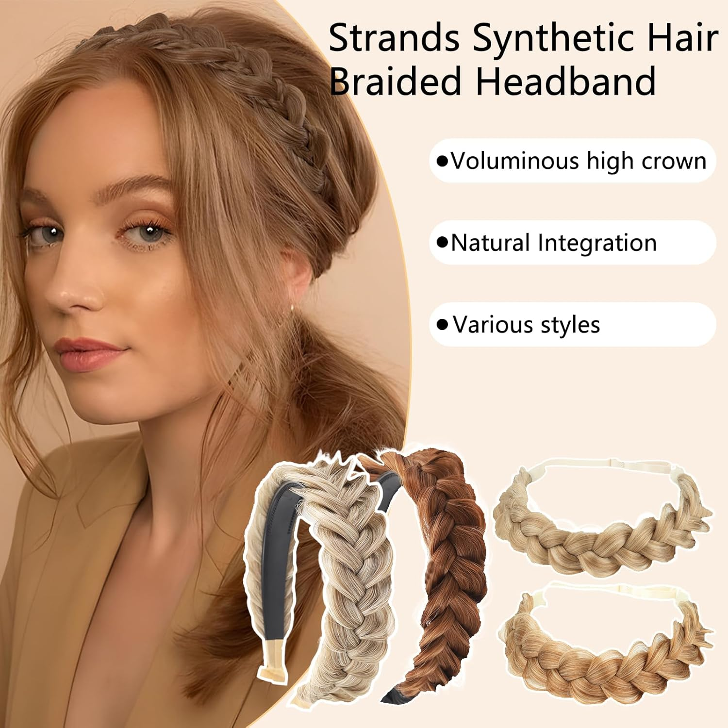 Ueiykoz Braided Headband 4 Strands Synthetic Hair Headband with Teeth,Elastic Plaited Headband Fishtail Braided Hair Band for Women image number 4