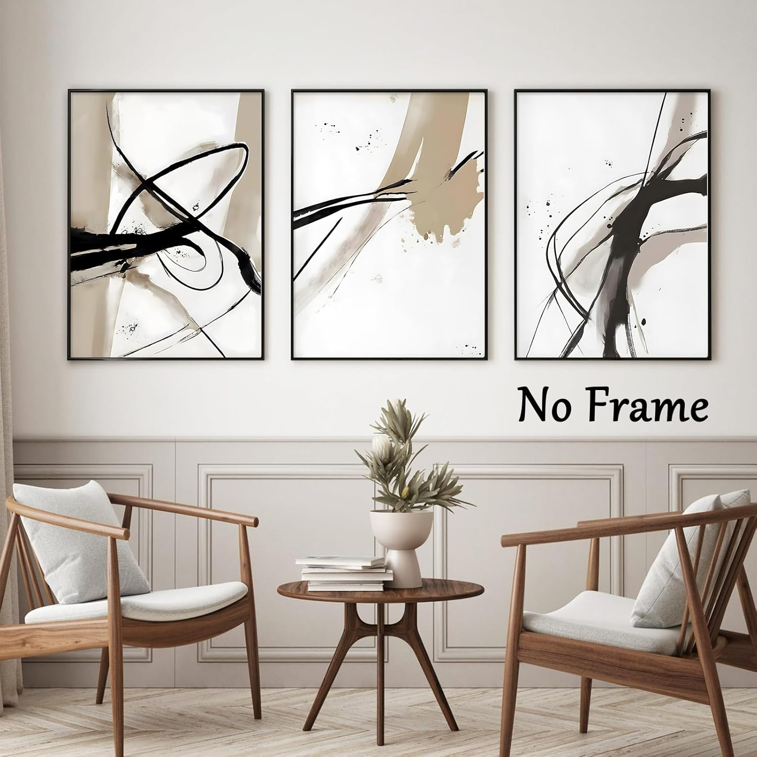 Black and Beige Abstract Canvas Wall Art - Neutral Abstract Prints - Minimalist Painting - Line Art Posters - Brown Black and Beige Picture - Neutral Artwork for Walls - 16X24Inchx3 No Frame image number 3