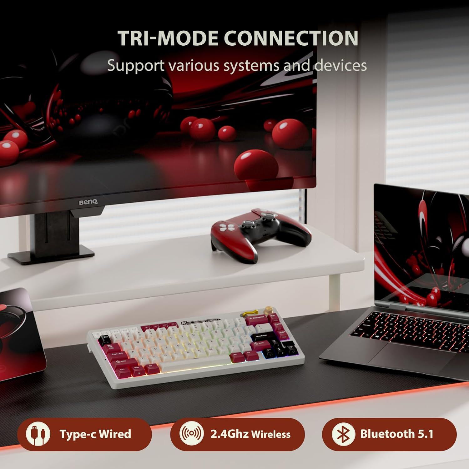 RK ROYAL KLUDGE M65 Wireless Mechanical Keyboard with Volume Knob, Tri-Mode 2.4G/USB-C/BT Gasket Mounted 60% Gaming Keyboard with 66Keys, PBT Keycaps, QMK/VIA, Hot Swappable Beige Switch, Red - Red image number 4