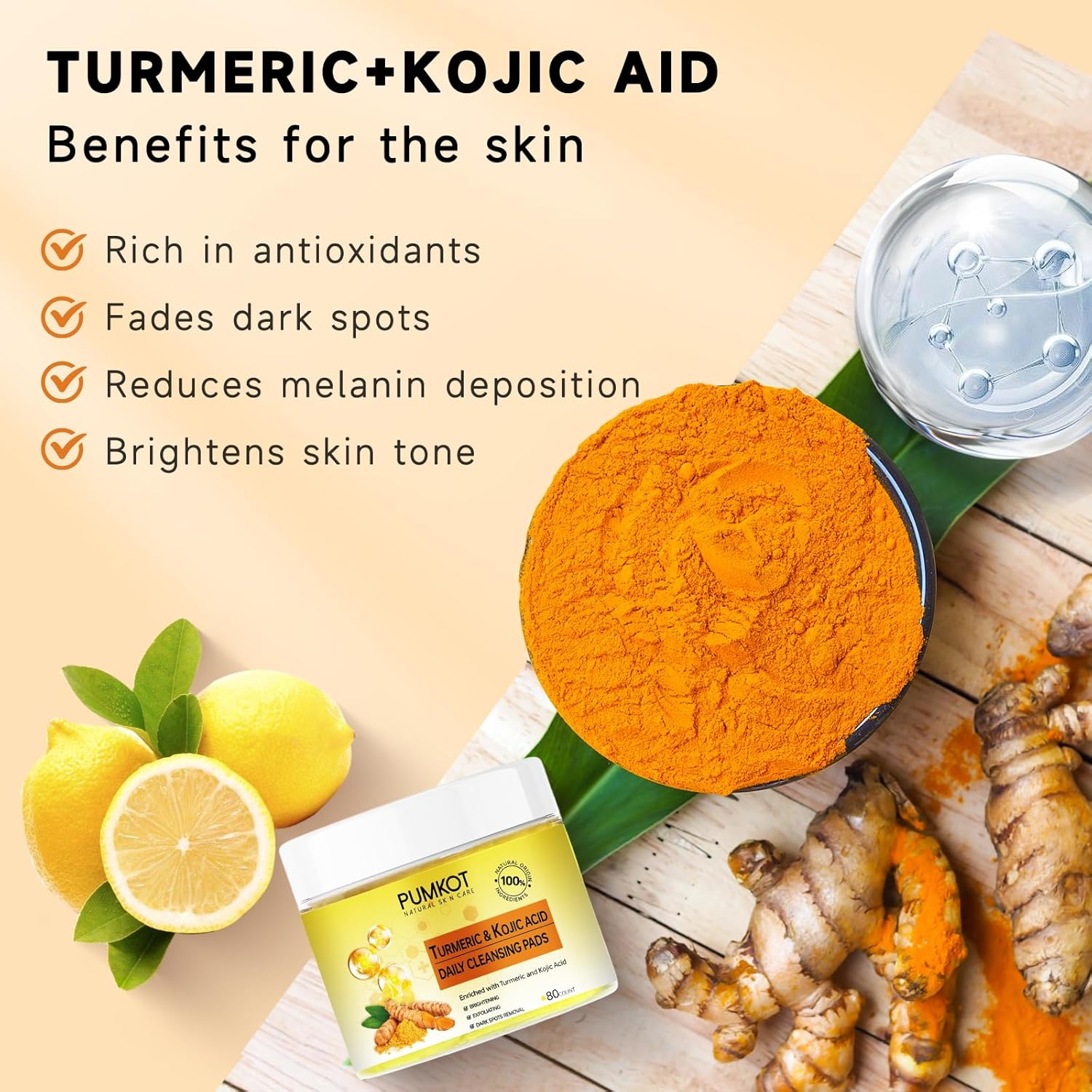 Turmeric Kojic Acid Cleansing Pads, Turmeric Face Scrub Pads Enriched with Kojic Acid, 80PCS image number 3