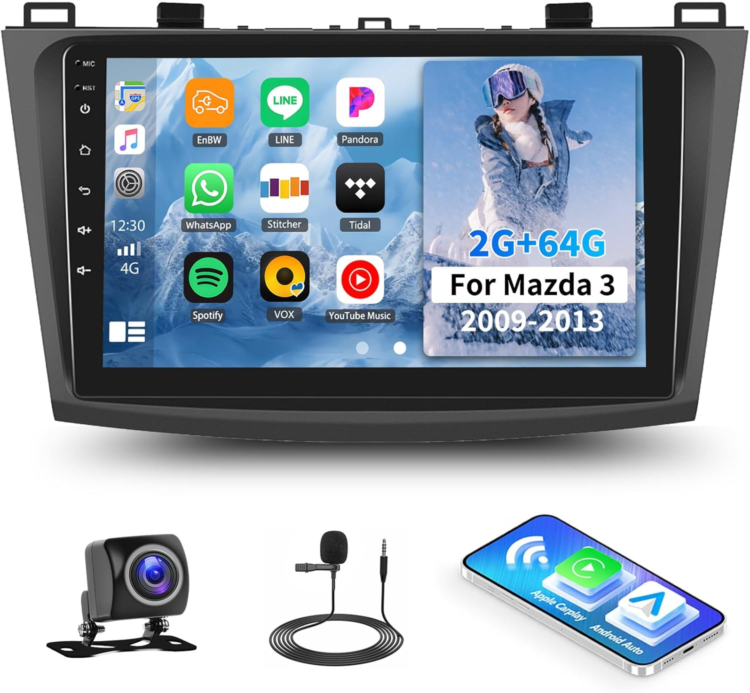 Car Radio Stereo for Mazda 3 2009 2010 2011 2012 2013,Android 13 2G+64G Wireless Carplay Android Auto,9 Inch Touchscreen Car Radio GPS Wifi Bluetooth FM/RDS SWC Dual Usb/Aux-In Backup Camera image number 2