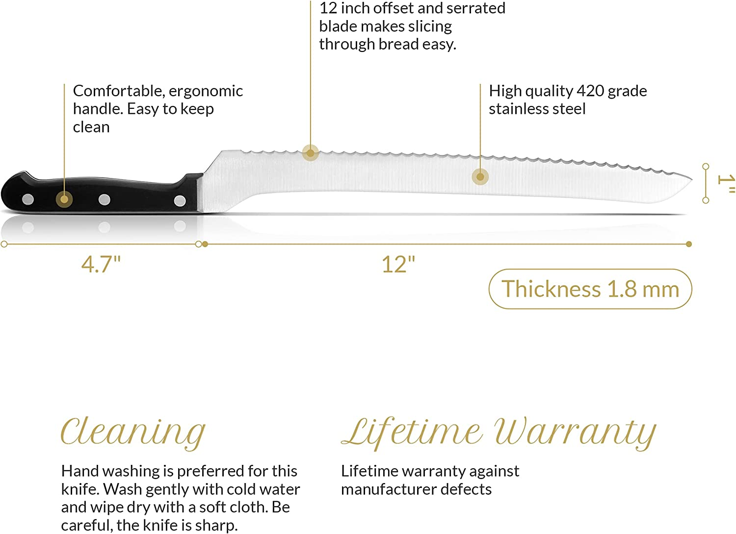 12 Inch Serrated Offset Bread Knife, Premium Stainless Steel Blade with Wave Edge, Full Tang Handle, Razor Sharp for Bread, Durable Professional Kitchen Knife, Black