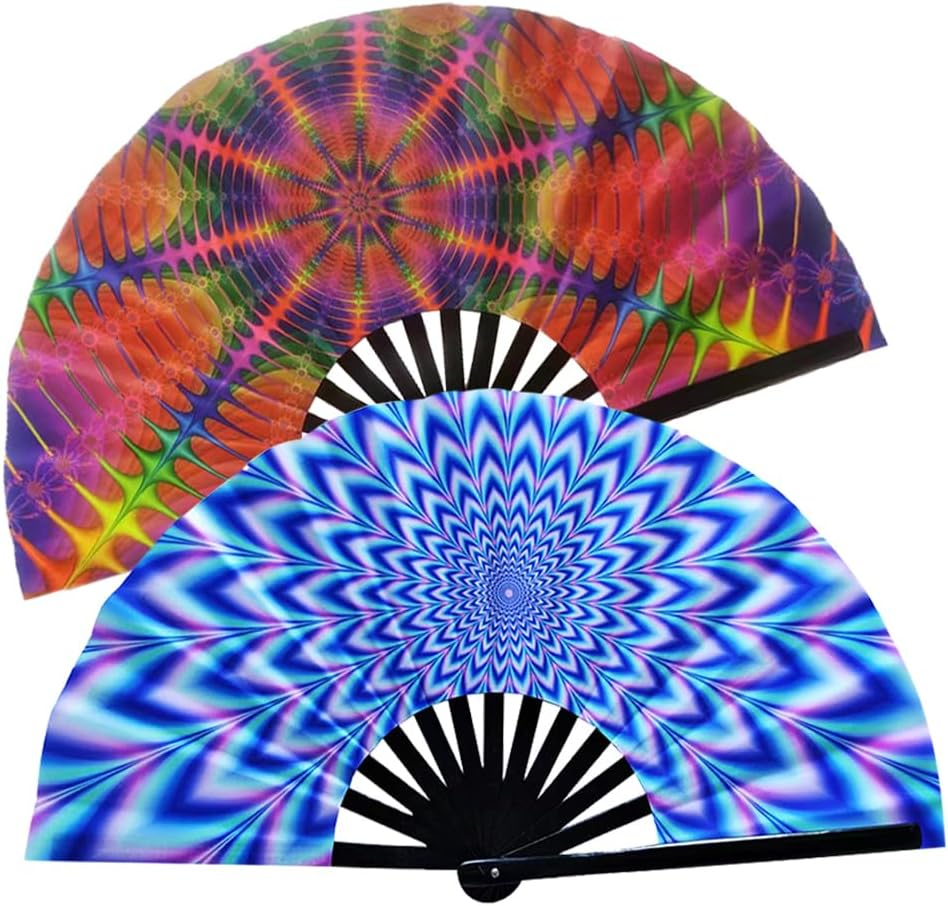 Plzoslly 2 PCS Large Folding Fan Bamboo Folding Hand Fan, Rave Fan Clack Folding Hand Fan Chinese/Japanese Nylon-Cloth Folding Fan for Festival, Dance, Performance, Party, Gift, Decoration(Watermelon) image number 4