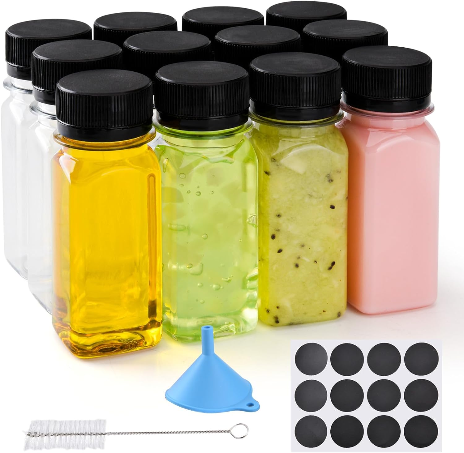 12 Pcs 2Oz Small Plastic Juice Bottles with Lids，Reusable Leak Proof Ginger Shots Bottle with Black Caps, Wellness Mini Jars Plastic Containers for Smoothie, Water, Milk and Other Beverages image number 5