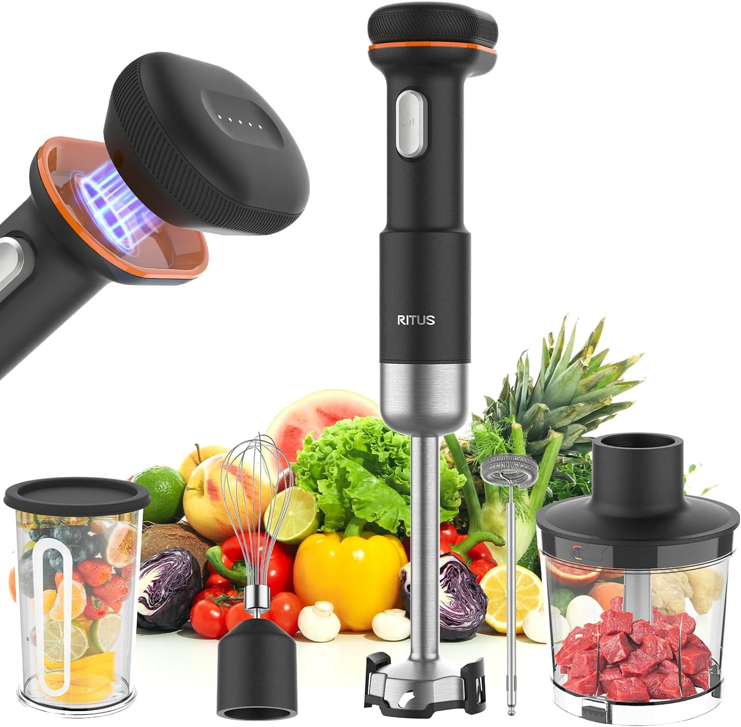 RITUS Immersion Blender, 5 in 1 Cordless Hand Blender Heavy Duty Motor, 4000-13000RPM Lmmersion Blender Variable Speed Hand Blender with Mixing Beaker, Chopper, Whisk and Milk Frother image number 2