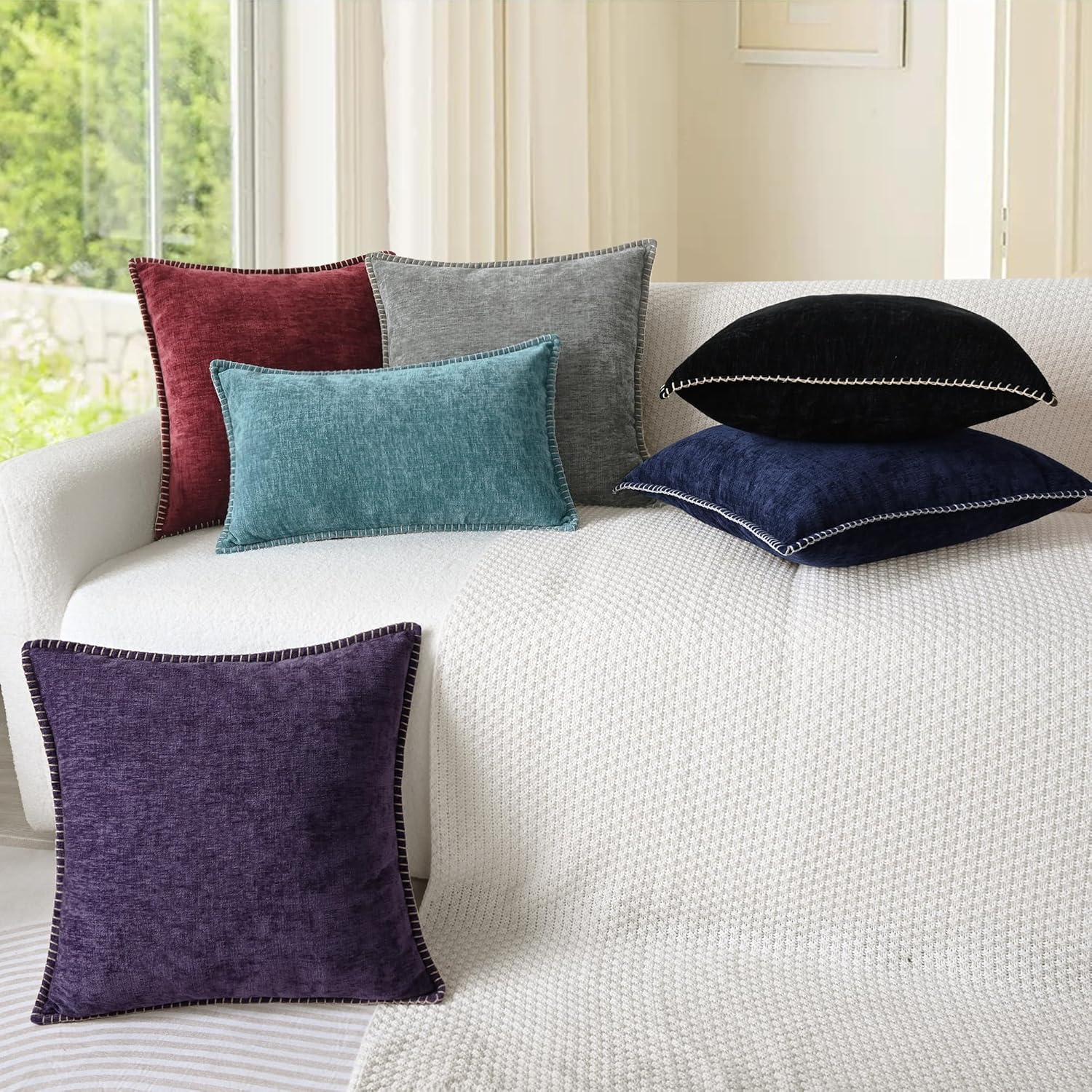 Calitime Christmas Throw Pillow Cases Pack of 2 Cotton Thread Stitching Edges Solid Dyed Soft Chenille Cushion Covers for Couch Sofa Home Farmhouse Decoration 12 X 20 Inches Burgundy image number 3