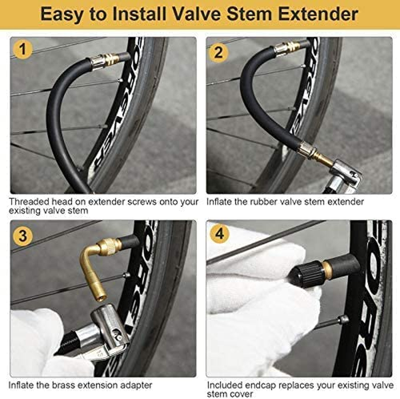 2 Pieces 8.25 Inch Flexible Extension Tire Valve Adaptor and 2 Pieces 90 Degree Tyre Valve Extension Adaptor for Universal Cars Truck Motorcycle Bike Scooter