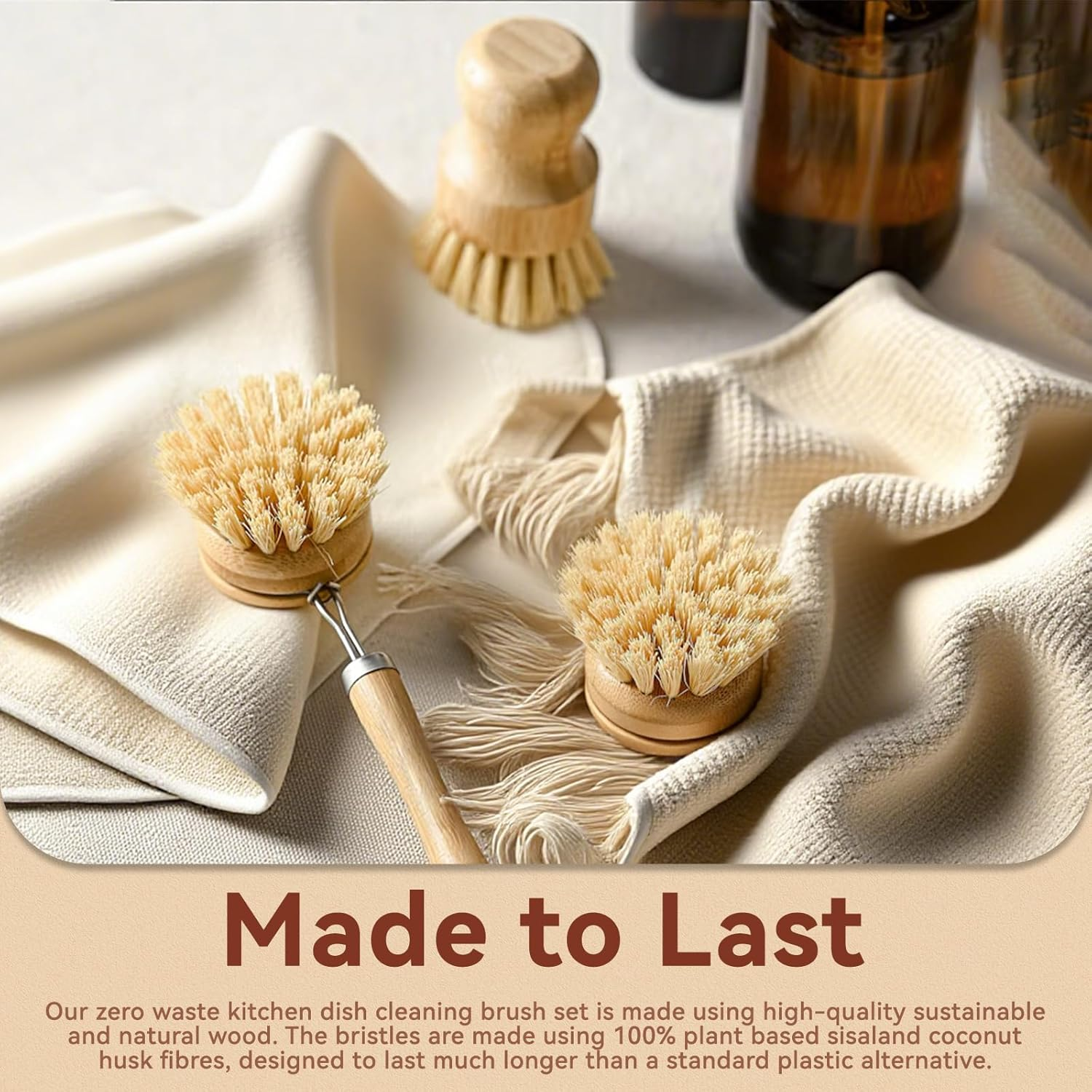 Sashion Bamboo Dish Brush Set - 5 Pack Wooden Dish Brush Scrubber Brushes, Soft Sisal Dish Scrubbing Brush with Handle, Palm Scrub Brush and Straw Brush, Fruit Vegetable Cleaning Brushes