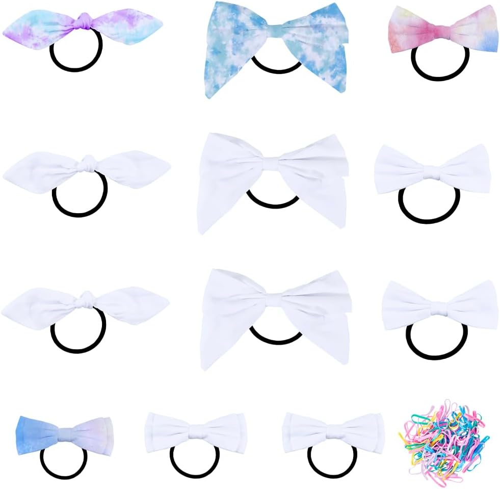 SOFPLATE 112 White Hair Bobbles with Bow and Batik Hair Accessories with 12 Batik Hair Bobbles Made of Cotton 100 Colourful Rubber Bands Non-Slip Stretchy Elastic Head Wrap Holder for Party
