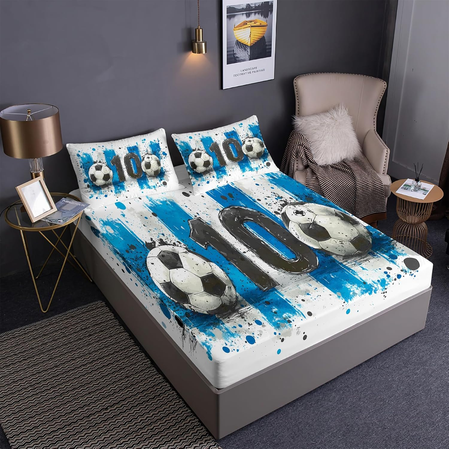 Soccer Ball Prints Fitted Sheet Set Hand Drawn Sports Series Football Fans Bedding Set | with Fitted Sheet and 2 Pillowshams(3Pcs) or Comforter(4Pcs) (Queen-3Pcs,A)