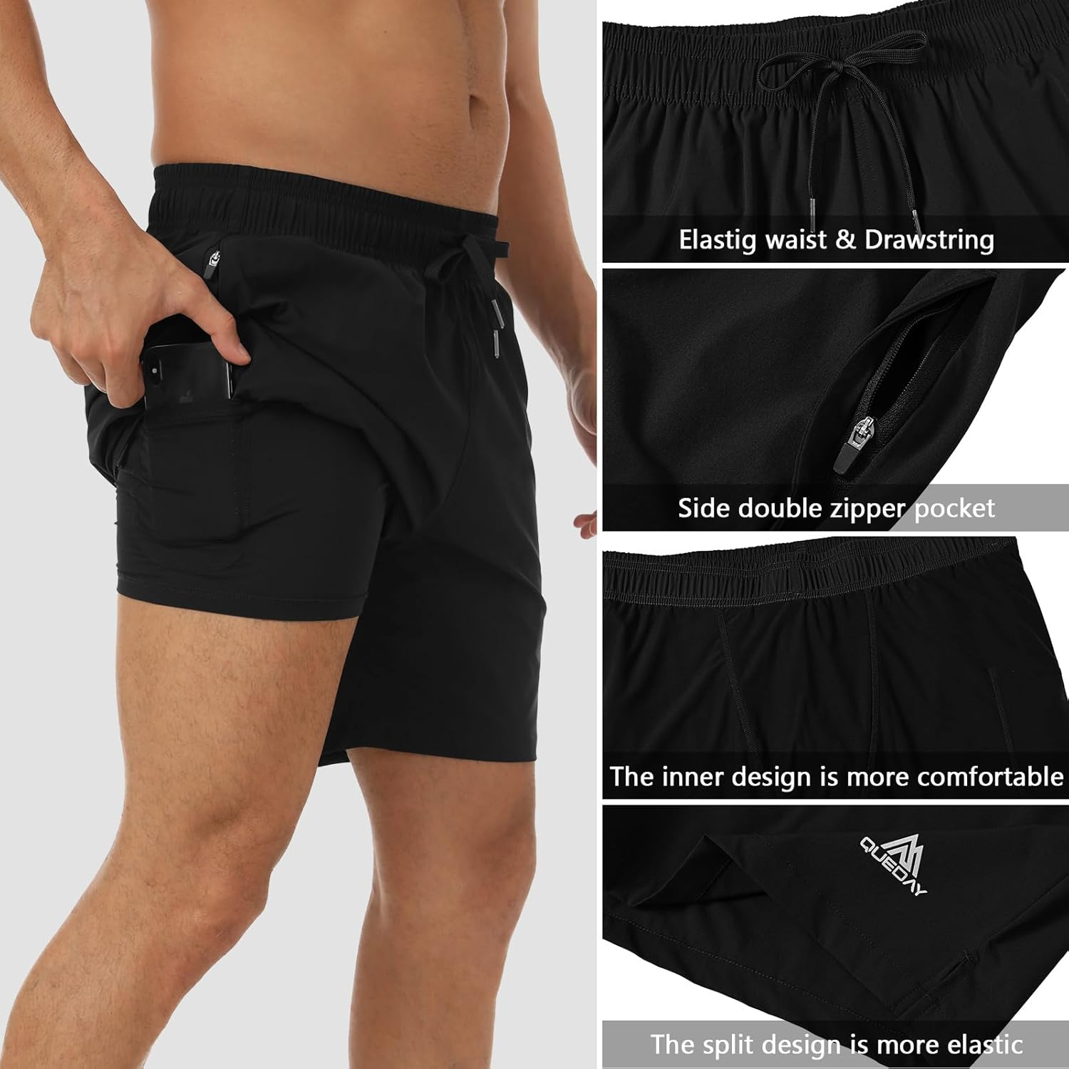 Queday Mens 2 in 1 Running Shorts with Liner 7 Inch Quick Dry Gym Athletic Workout Shorts with 2 Side Pockets with Zipper Back Pocket Inner Pocket