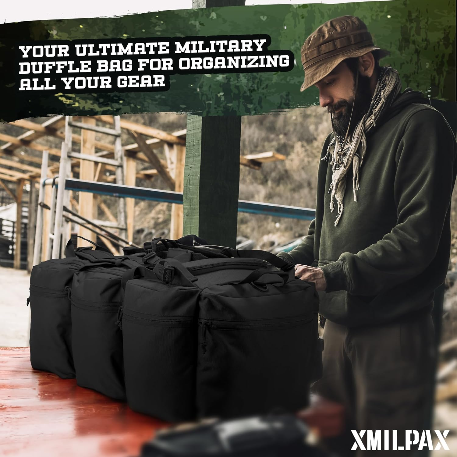 XMILPAX 100L Large Military Duffle Bag Deployment Duffel Bag Sports Equipment Travel Luggage with Detachable Backpack Straps, Black