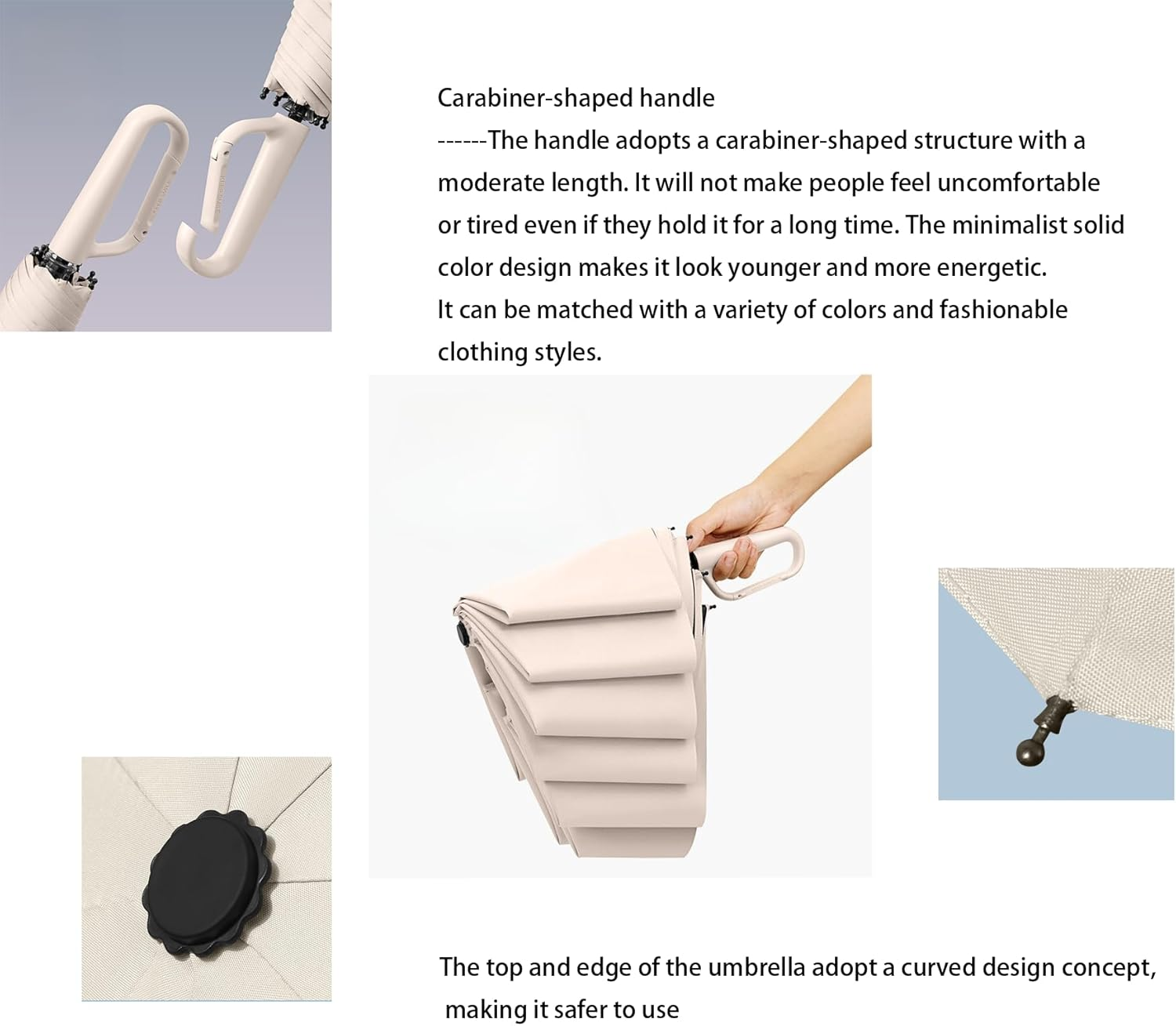 Compact Folding Umbrella Carabiner Handle Coating Layer Fabric Blocking UV Protection 99.9%/Car/Small Travel Backpack/Lightweight Portable/Rain Sun anti UPF 50/Men Women Kids image number 2