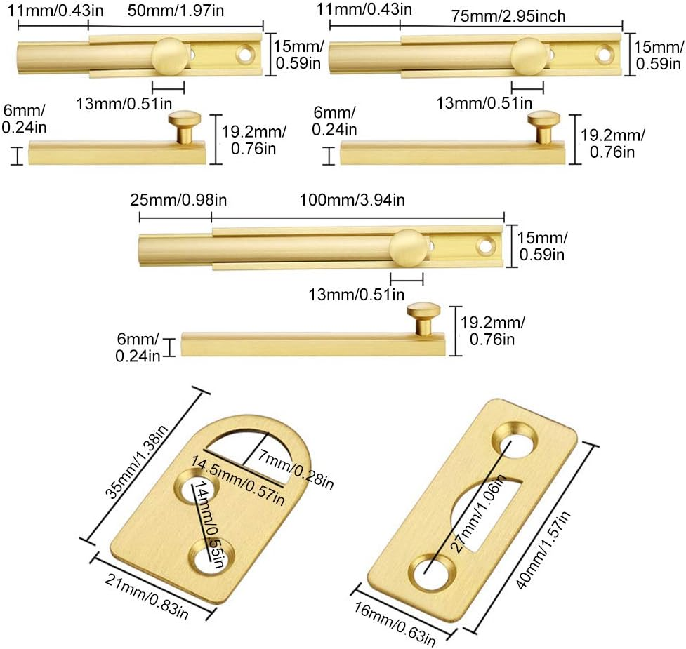 Solid Brass Surface Bolt,Anti Theft Security Windows Brass Door Latch Lock with Screws, Hardware Brass Slide Bolt Latch with Mounting Hardware,Brushed Gold Barrel Bolt Lock image number 1