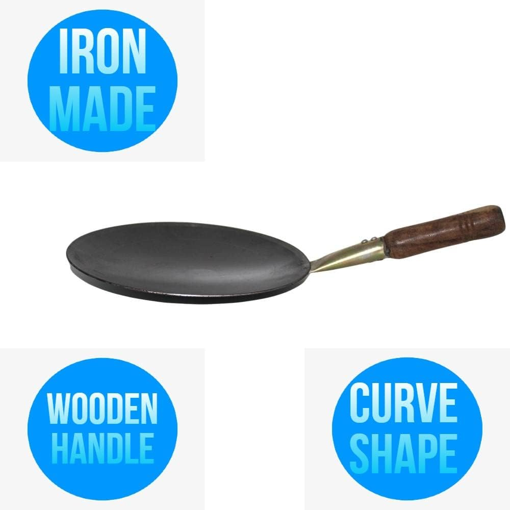 24 CM Pure Iron Concave Tawa with Unique Smooth Edges Metal Spoon Friendly Wooden Handle Perfect for Roti & Chapati
