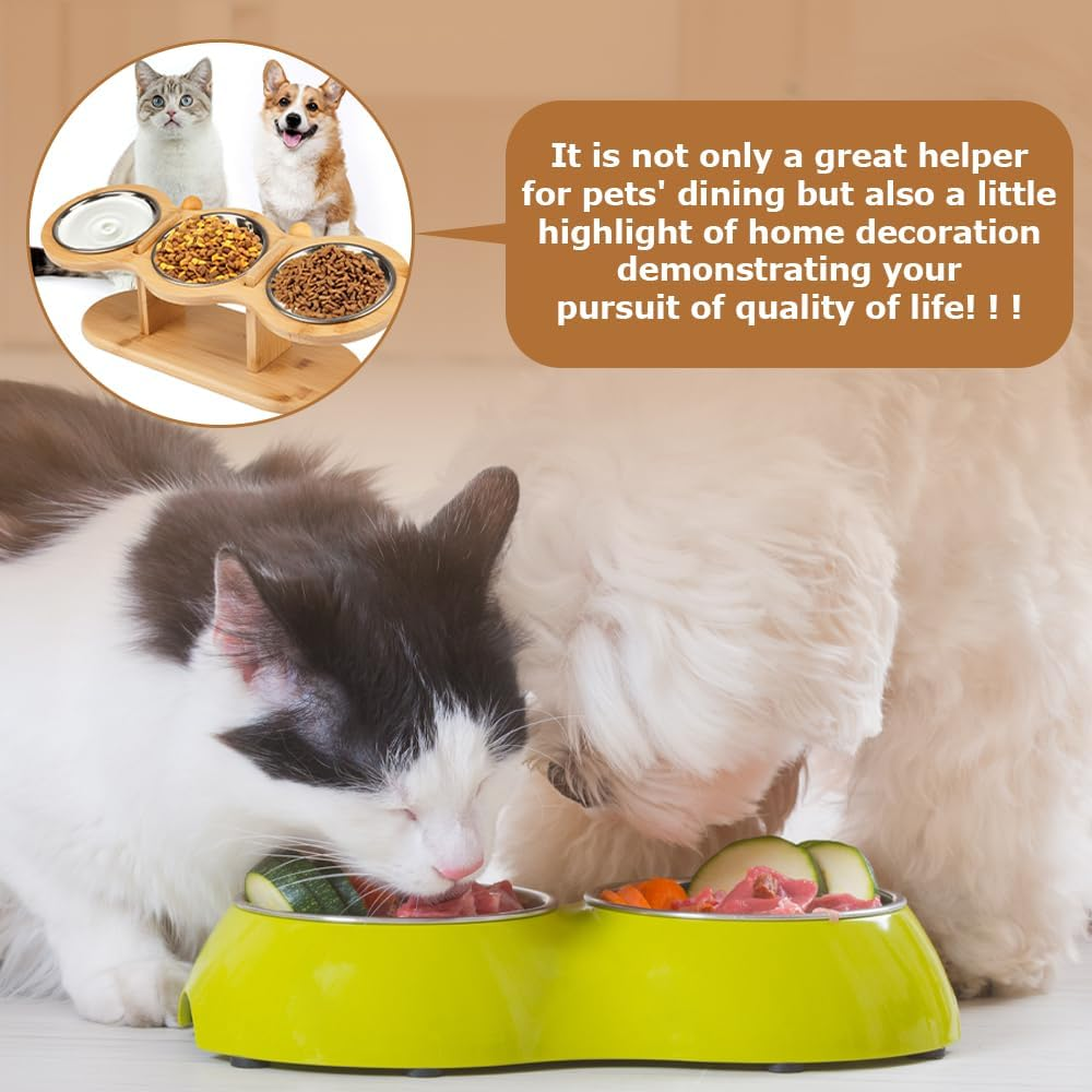 Cat Feeding Station,With 3 Stainless Steel Bowls and Installation Required Parts, Wooden Pet Bowl Holder,Raised Cat Food Bowls, Kitty Food Water Bowls Stand,For Cats and Puppy
