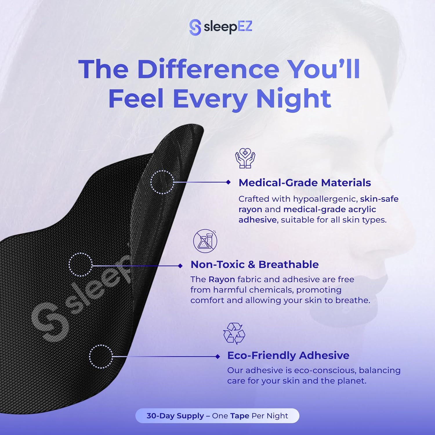 Sleepez Breathe Mouth Tape for Sleeping - 30-Pack | 100% Hypoallergenic Lip-Shaped Sleep Tape for Nasal Breathing & Snoring Relief | Extra-Strength Adhesive & Pain-Free Removal | Supports Oral Health, REM Sleep & Anti-Snore | Black | 1-Month Supply image number 6
