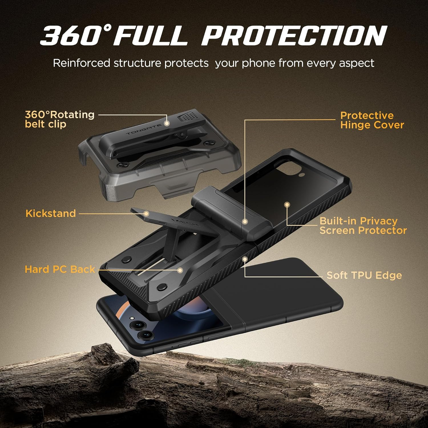 TONGATE for Motorola Razr 2025/Razr 2024 Case with Privacy Screen Protector, [Stand & Belt-Clip] [Hinge Protection Cover] [Anti-Slip], Full-Body Military Grade Protective Phone Case, Black - Black With Privacy Screen Protector image number 5