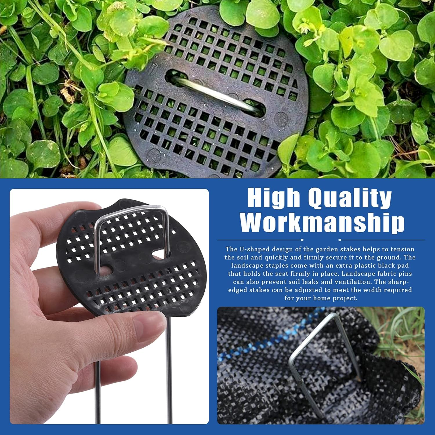 Glarks 201Pcs Garden Stakes Staples Kit, 100Pcs 6 Inch U-Shaped Landscape Staples, 100Pcs Fixing Gasket with 1Pc Pick Hook for Weed Barrier Fabric, Ground Cover, Holding Fence and Artificial Turf image number 3