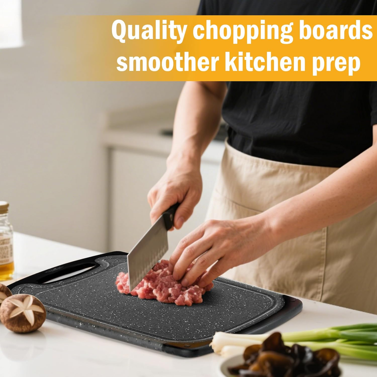 BEWOS 3 Piece Non-Slip Chopping Board Set (S/M/L) with Grinding Zone - Premium Cutting Boards Featuring Hangable Handles Secure, Deep Juice Groove & Multi-Surface Use for Home to Camping image number 4
