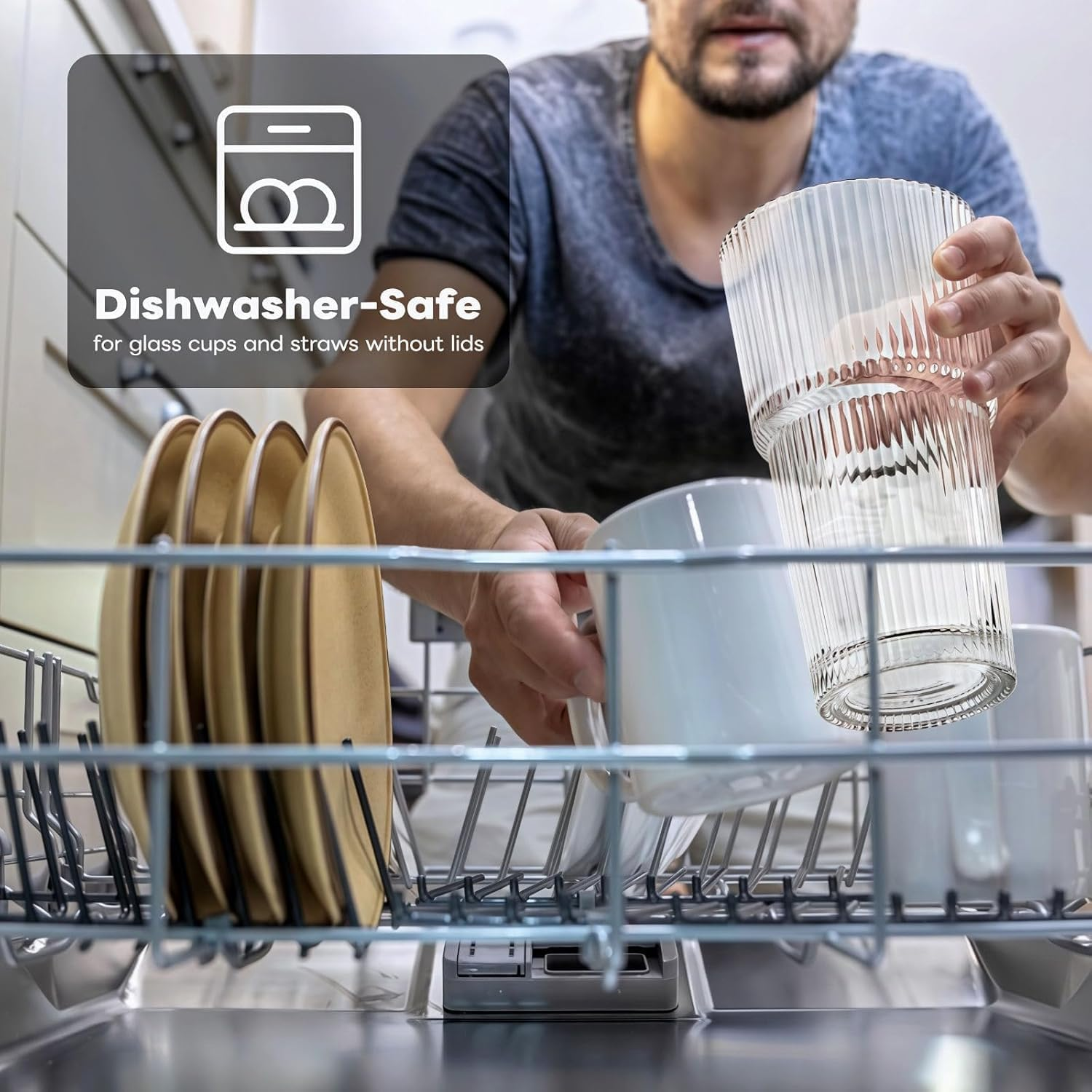 20 Oz Ribbed Glass Tumblers with Lids and Glass Straws- 4/2 Pack Ribbed Glass Iced Coffee Cup with Straw and Lid, Thicken Glasses, Ideal for Smoothieds, Cocktails, and Juices (4, 600 ML) (4, 600ML) image number 5