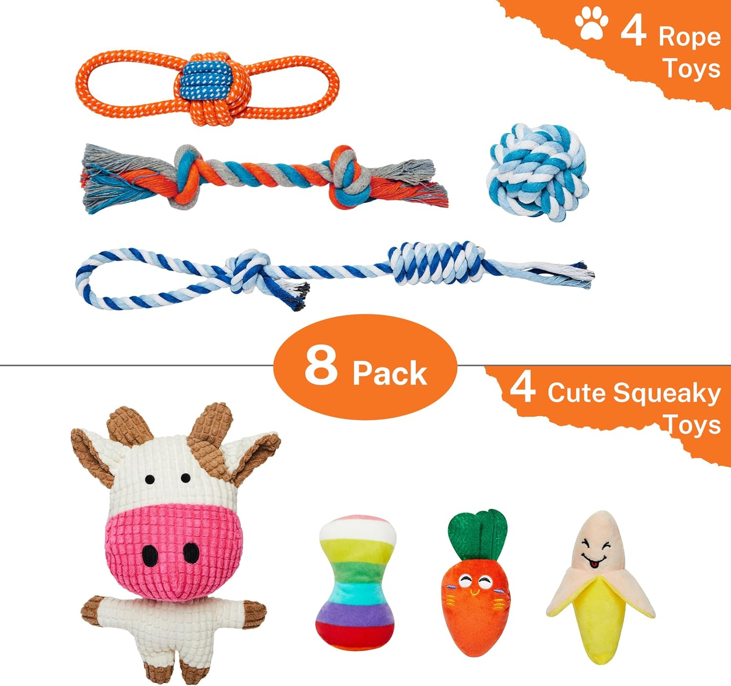 Toozey Dog Toy Small Dogs, Pack of 8 Puppy Toys, Intelligence Chew Toy and Squeaky Durable Dog Rope, Natural Cotton & Non-Toxic, Relieve Stress and Boredom image number 4