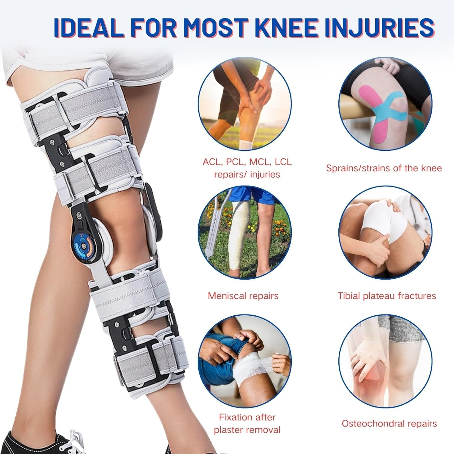 Hinged ROM Knee Brace with Side Stabilizers, Adjustable Post Op Knee Immobilizer for Meniscus Tear, ACL, PCL, MCL, Arthritis, Orthopedic Support after Surgery image number 6