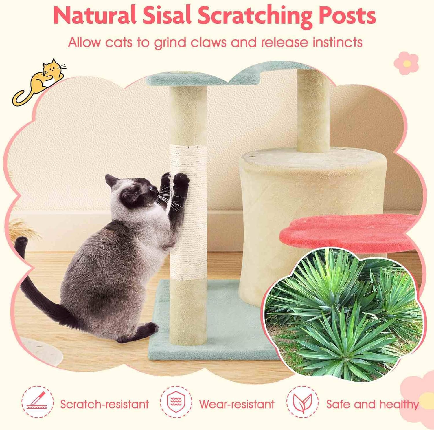 Costway 123 Cm Tall Cat Tree, Multi-Level Aesthetic Floral Kitten Tower W/Flower-Shaped Plush Padded Perch, Condo, Sisal Scratching Posts, Dangling Ball, Indoor Cat Climbing Furniture (123 Cm) image number 3