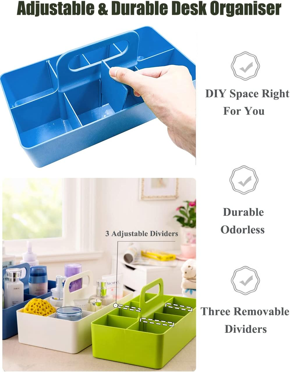 8 Slots Stackable Desk Organiser for Stationery, Arts & Craft Supplies, Portable Plastic Storage Containers Basket with Handle, Adjustable Makeup Organisers Case for Bathroom, Bedroom, & Home Office - Blue image number 3