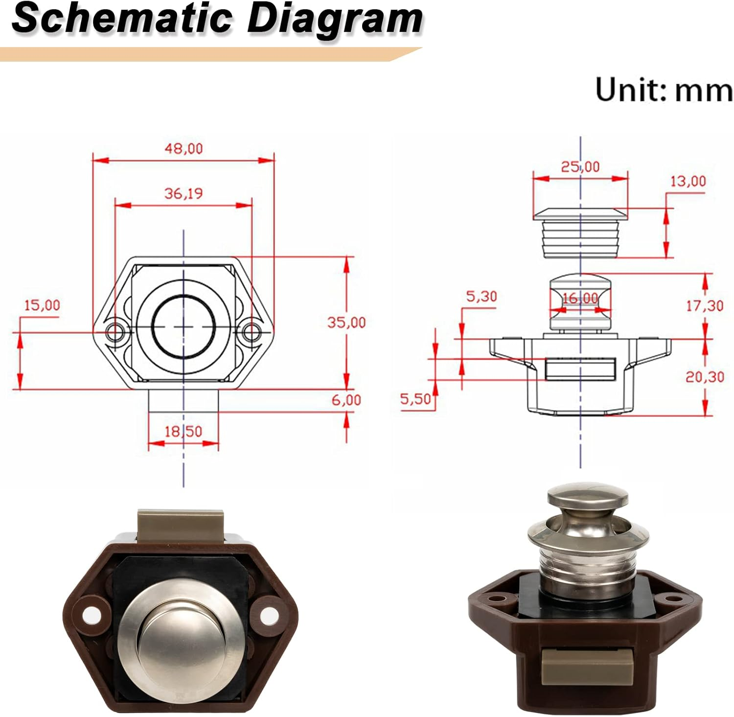 2Pcs Mini Brown Push Button Latch Cabinet Door Catch Keyless Cupboard Locks Drawer Cupboard Door Catch Lock Knob Caravan Boat RV image number 4