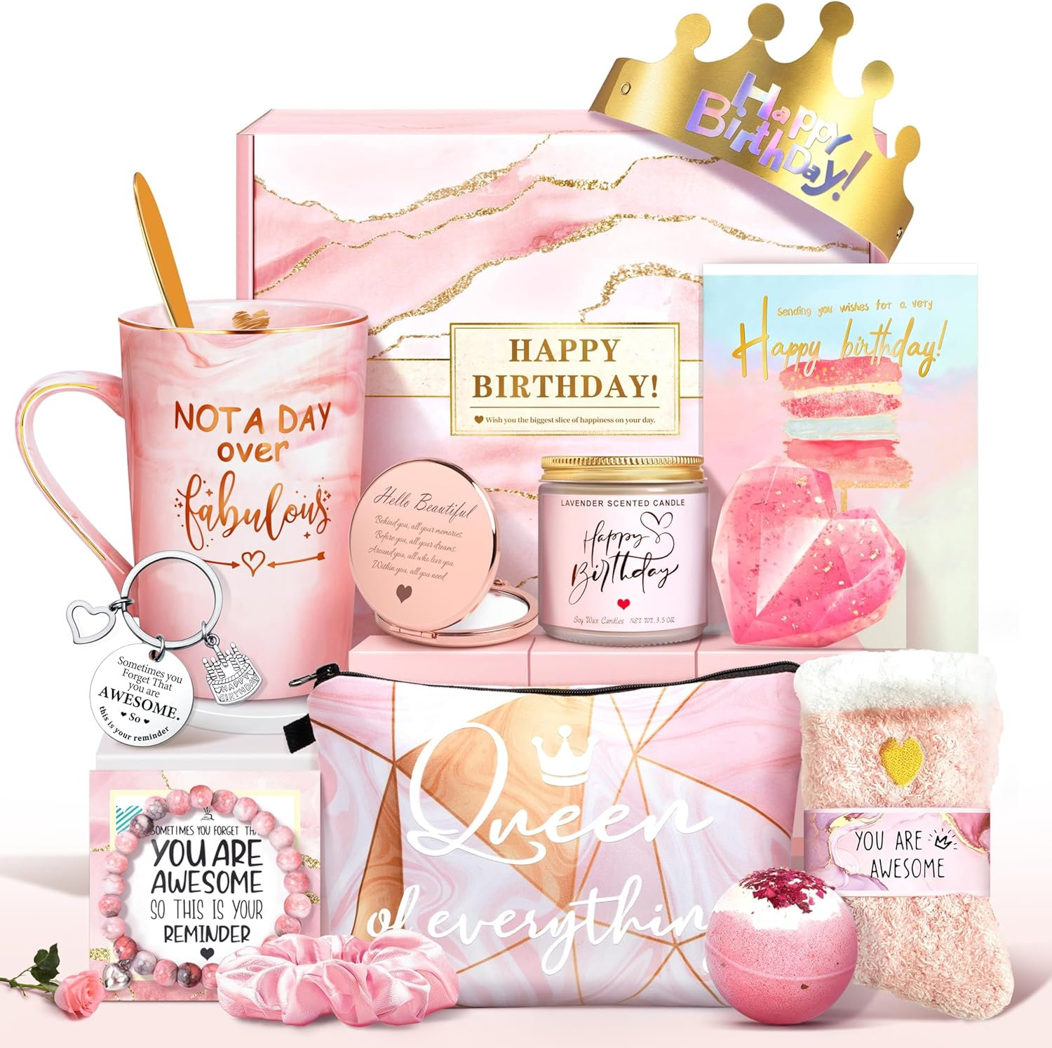 Happy Birthday Spa Gift Baskets W/14 OZ Ceramic Marble Mug Makeup Bag Care Package for Mom Wife Sister Best Friend Her Daughter image number 2