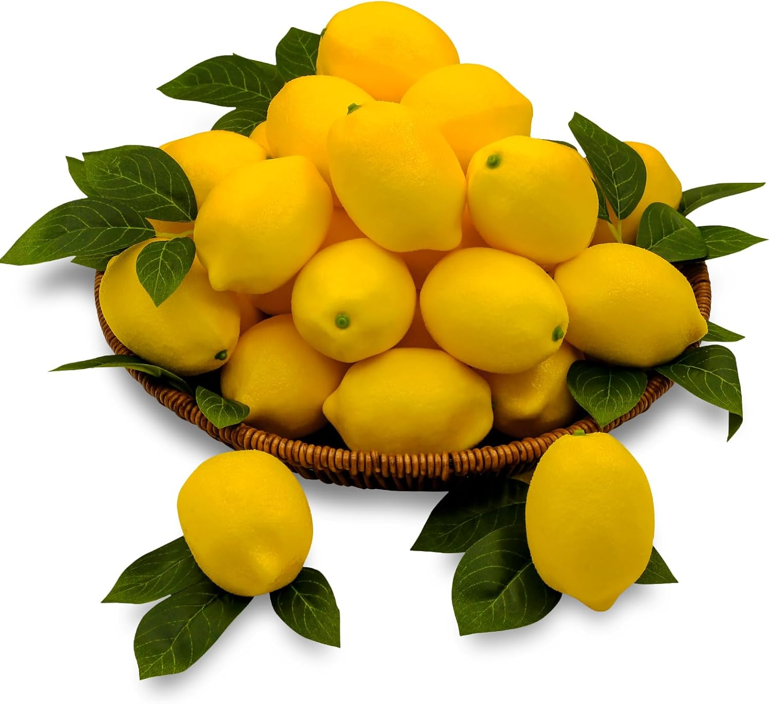 20Pcs Fake Lemons Artificial Fruits with 25 Leaves Faux Yellow Lifelike Plastic Lemon Decorations Realistic Limes Fruit Decor for Home Kitchen Table Cabinet Holiday Party Photography Props