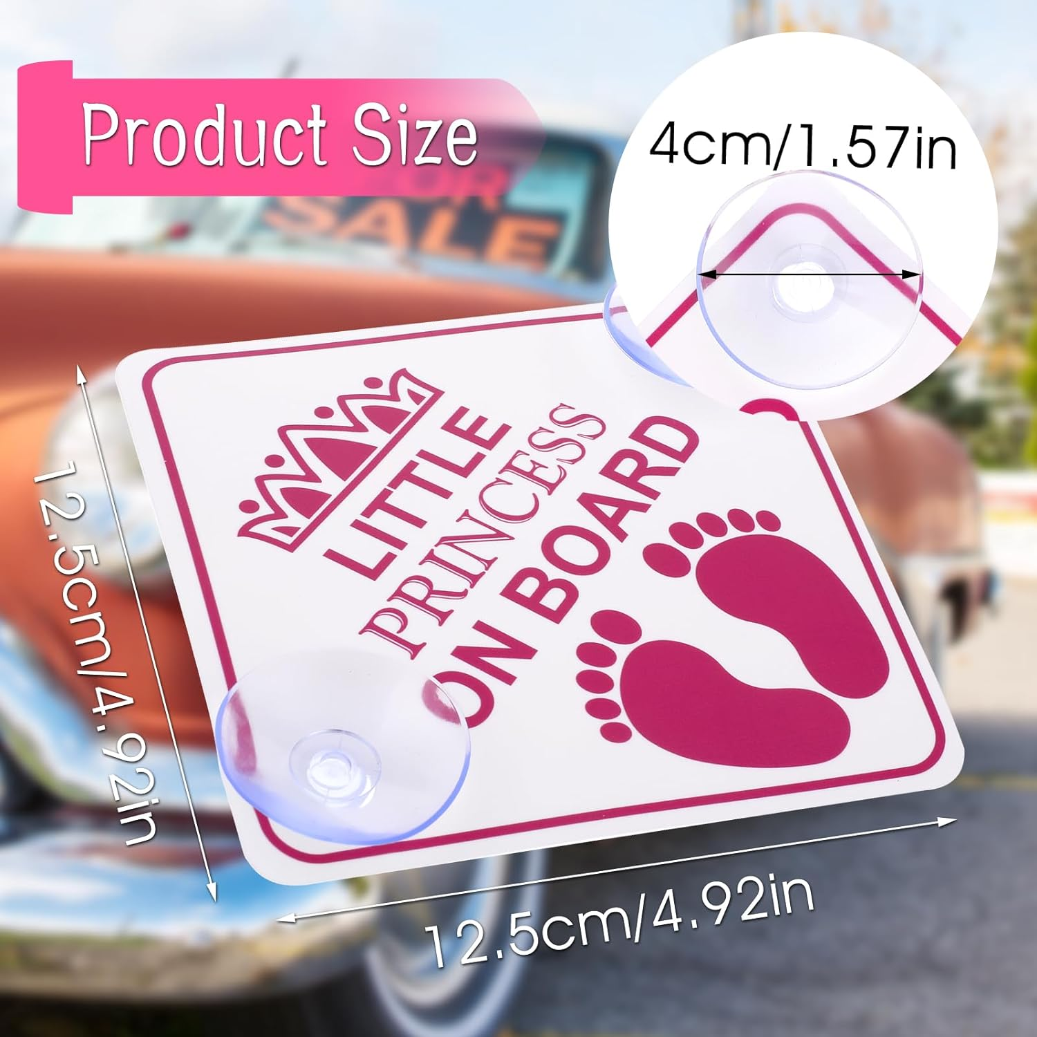 Amabro Little Princess on Board Warning Signs, 2Pcs 5" X 5" Safety Car Bumper Sticker with Double Suction Cups, Reusable Baby in Car Decal, Pink image number 3