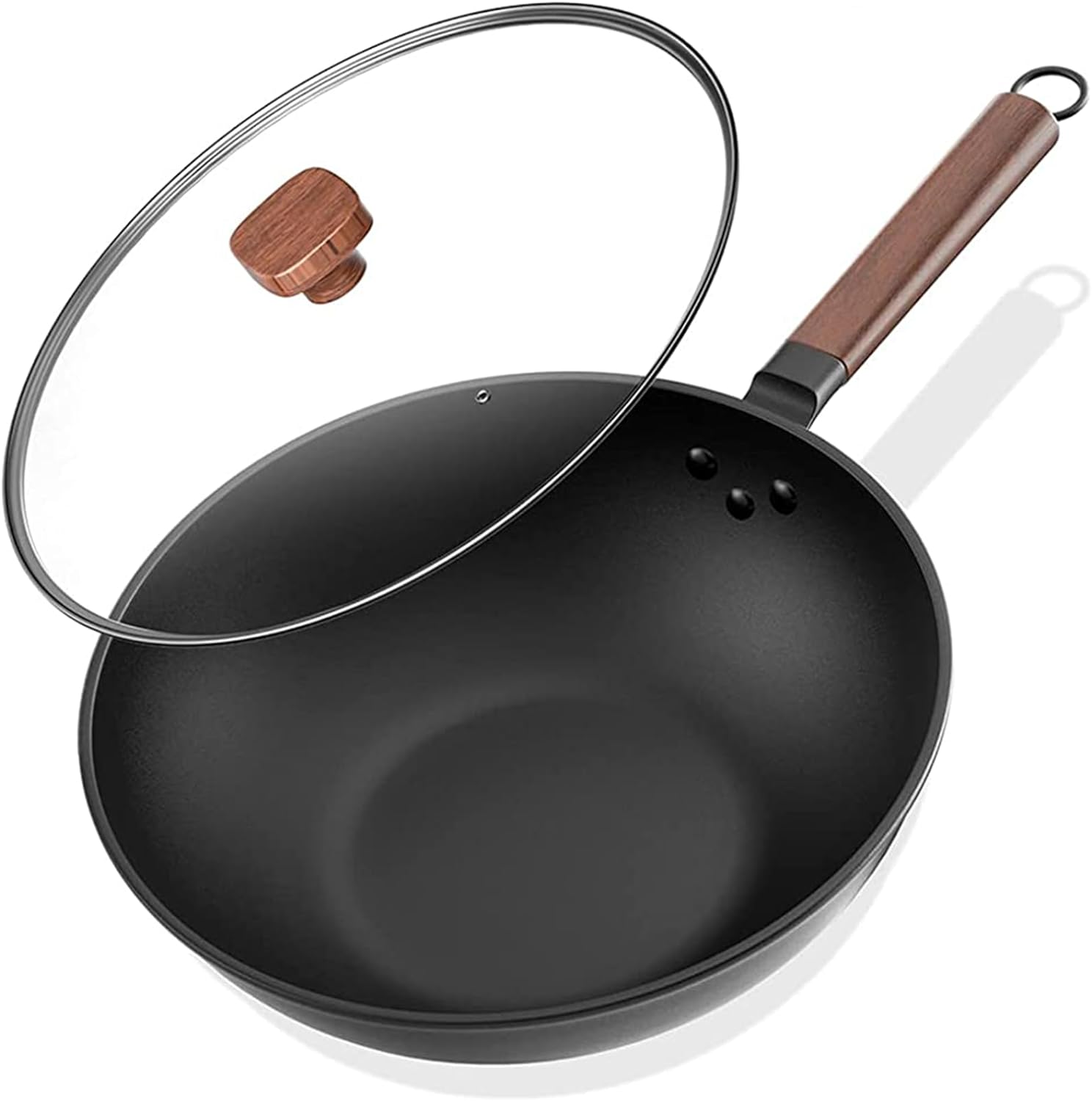 Lyeef Nonstick Wok, 13-Inch Carbon Steel Wok Pan with Lid Woks & Stir-Fry Pans No Chemical Coated Wok with Spatula Flat Bottom Cookware Chinese Wok for Induction, Electric, Gas, Halogen, All Stoves image number 4