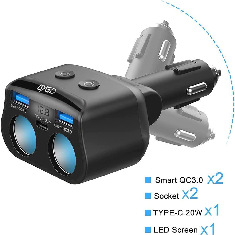 Car Cigarette Lighter Adapter, 12V/24V 2-Socket Power Cigarette Lighter Splitter with Dual USB Ports Multifunction Car Charger Adapter Independent On/Off Switches and LED Voltage Display(Black)