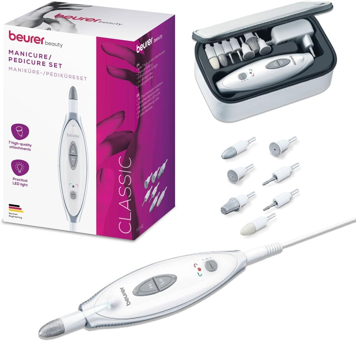 Beurer MP 41 Manicure Pedicure Kit Electric Nail File with 7 Attachments Bright LED Light for Nail Grooming with Storage Bag White 1 Pack image number 4