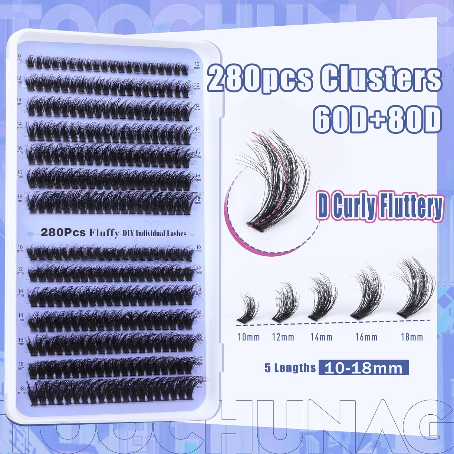 Fluffy Lash Clusters 60D+80D Thick Eyelash Clusters D Curl Wispy Individual Lashes 10-18Mm Cluster Eyelash Extensions 280Pcs False Eyelashes DIY Flat Lash Extension by TOOCHUNAG image number 5
