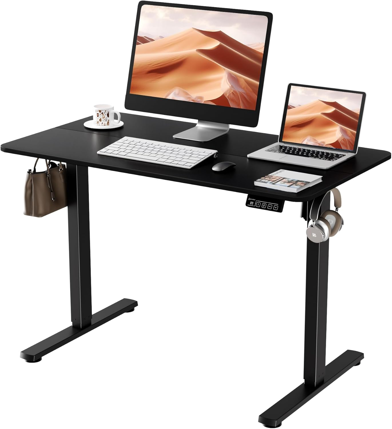 ERGOMAKER Electric Standing Desk 80X60Cm (31"X23.6"), Height Adjustable Sit Stand Desk with Splice Board for Home Office, Computer Desk Memory Preset (White Frame + Golden Oak Desktop)