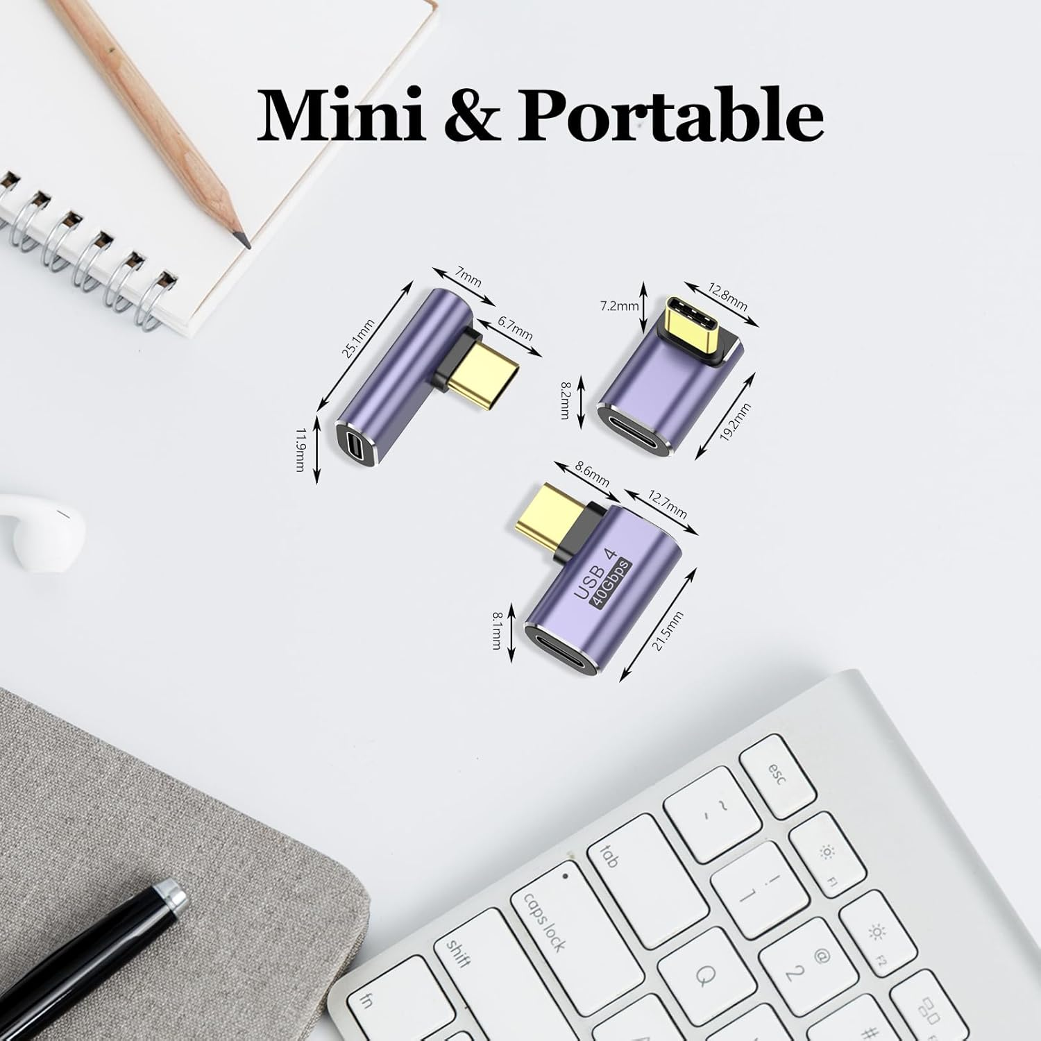 3 Pack USB C 90 Degree Adapter, Right Angle&Middle Angle and Side Angle 90 Degree Right Angle Type C Male to Female Adapter Support 240W Power Delivery, for Laptop, Tablet and Phones image number 6