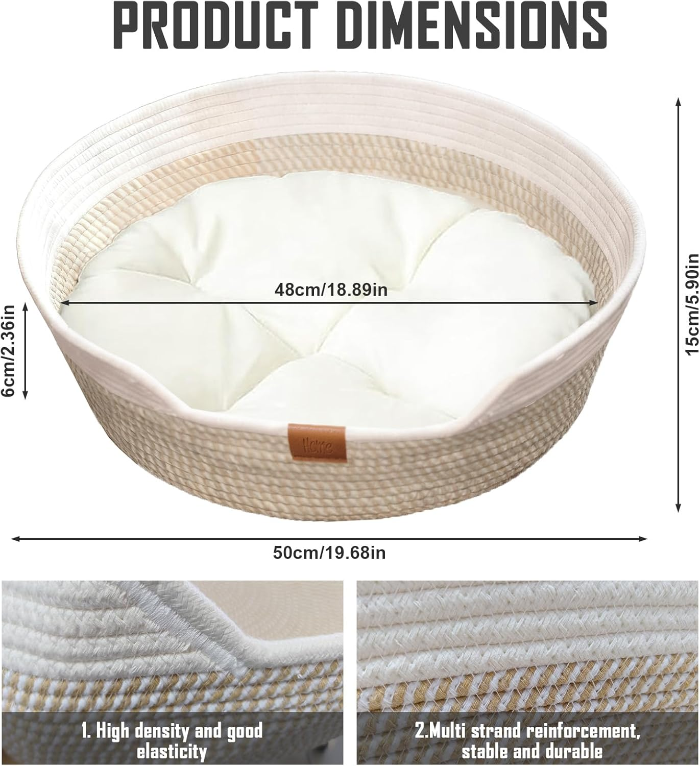 Yushengtai round Cat Bed, 50 Cm, Hand-Woven Basket Made of Cotton Ropes with Soft Cushion, Breathable and Washable for All Seasons, Ideal for Cats and Small Dogs, Beige image number 6