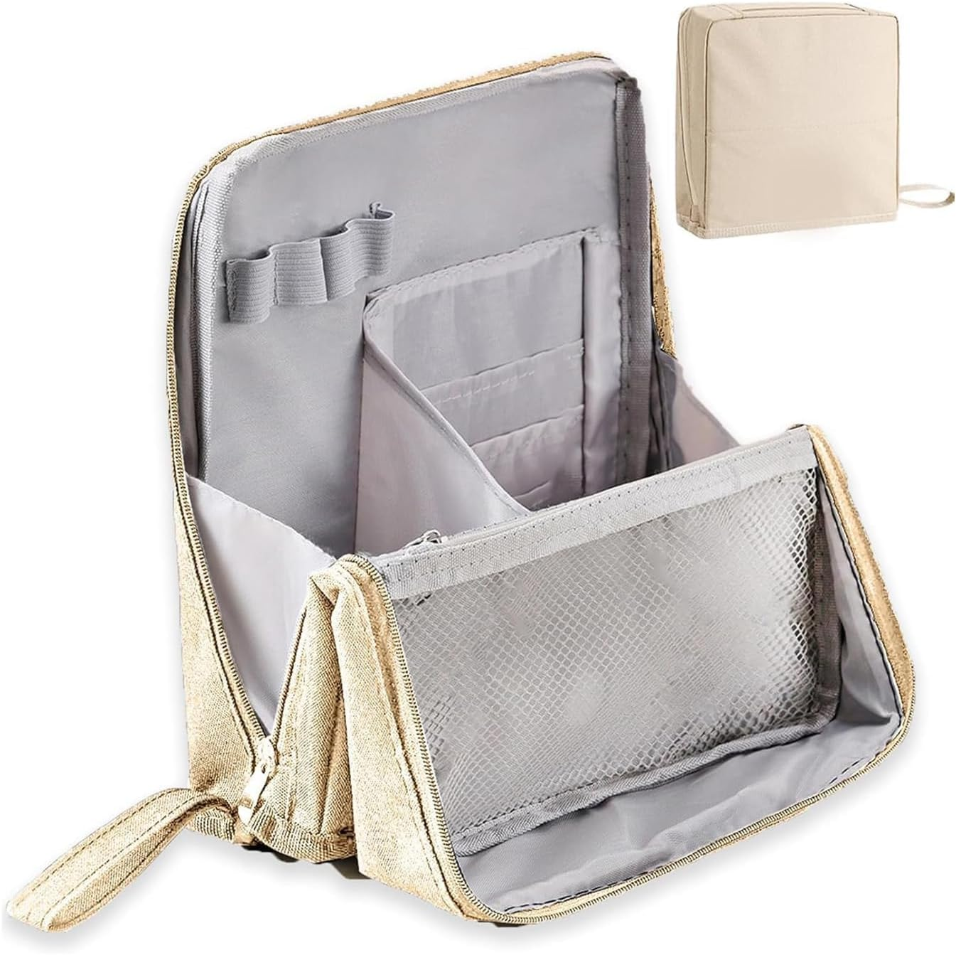 Doresty Makeup Bag, Multi-Purpose Large Capacity Oxford Cloth Standing Makeup Bag, Parallel Traveler Make-Up Bags Fold Down, Toiletry Bags with Compartments for Traveling Women(Beige) image number 1