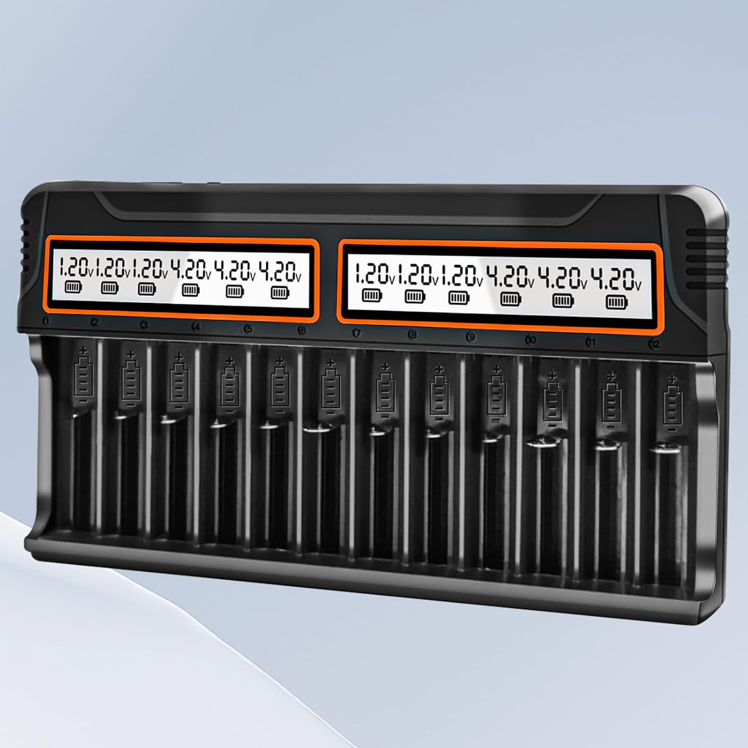 12 Bay AA AAA Battery Charger for Nimh Nicd Rechargeable Batteries, Smart Universal Charger with LCD Display and AC Charging Plug, Independent Slot image number 1