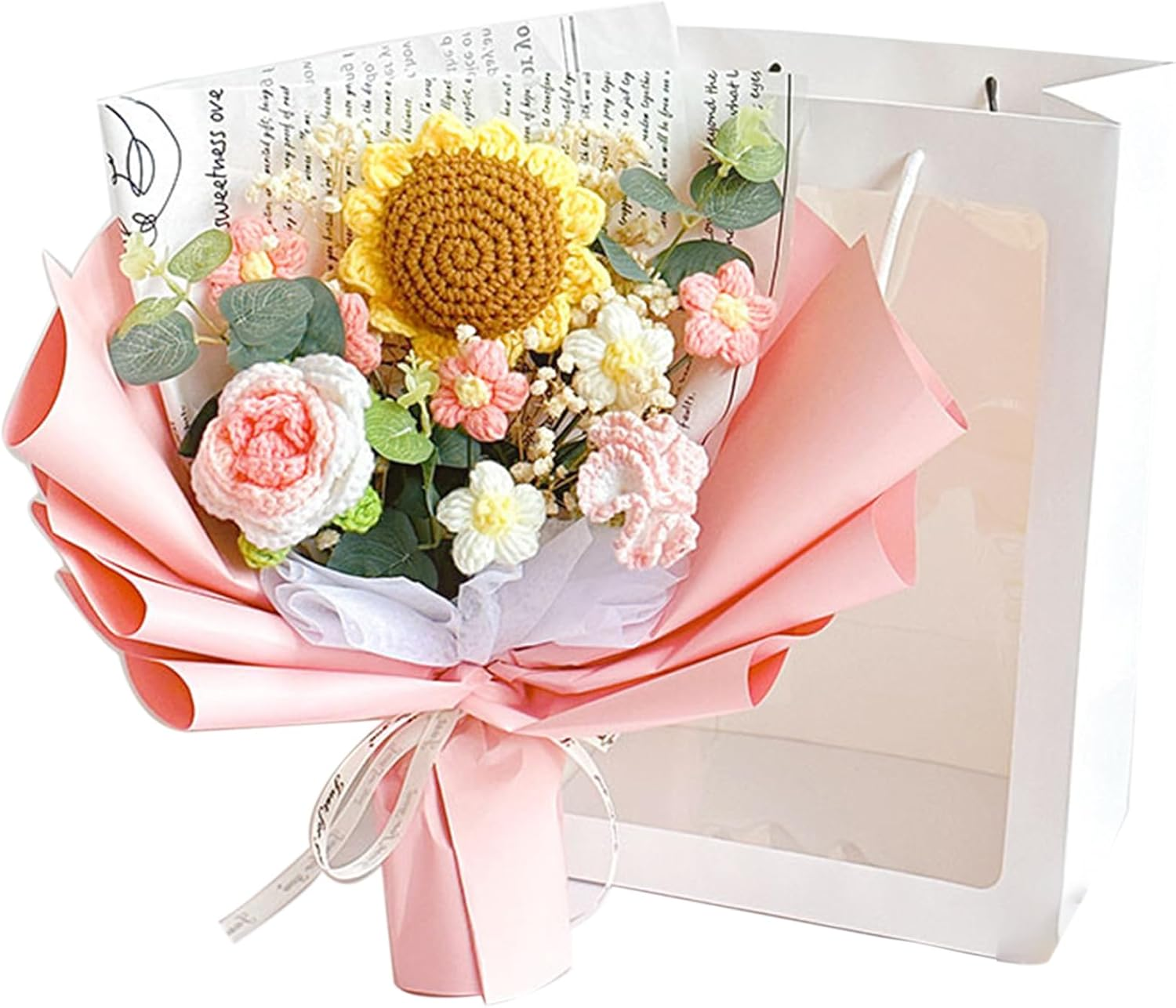 Luckybundle Crochet Flower Bouquet - Handmade Sunflower, Rose & Tulip with Baby'S Breath - Hypoallergenic Gift for Women, Mother'S Day, Get Well - Includes Gift Bag & Card